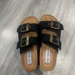 Steve Madden Black Suede Double-Buckle Slides with Brass Buckles